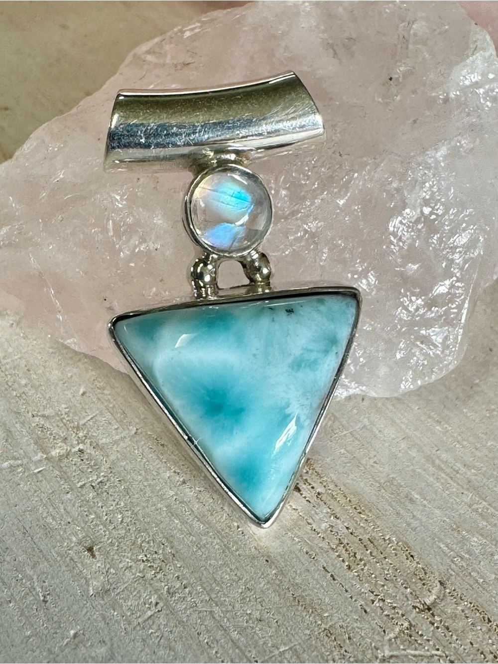 Blue Larimar & Moonstone Sterling Silver Triangle Gemstone Pendant